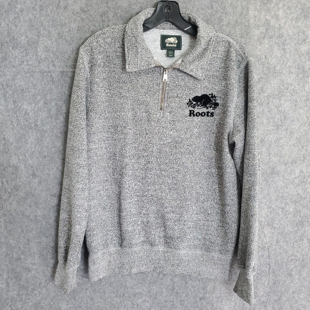 Roots Canada XS Logo Collared Heathered Gray 1/4 Zip Up Sweatshirt‎ Beaver